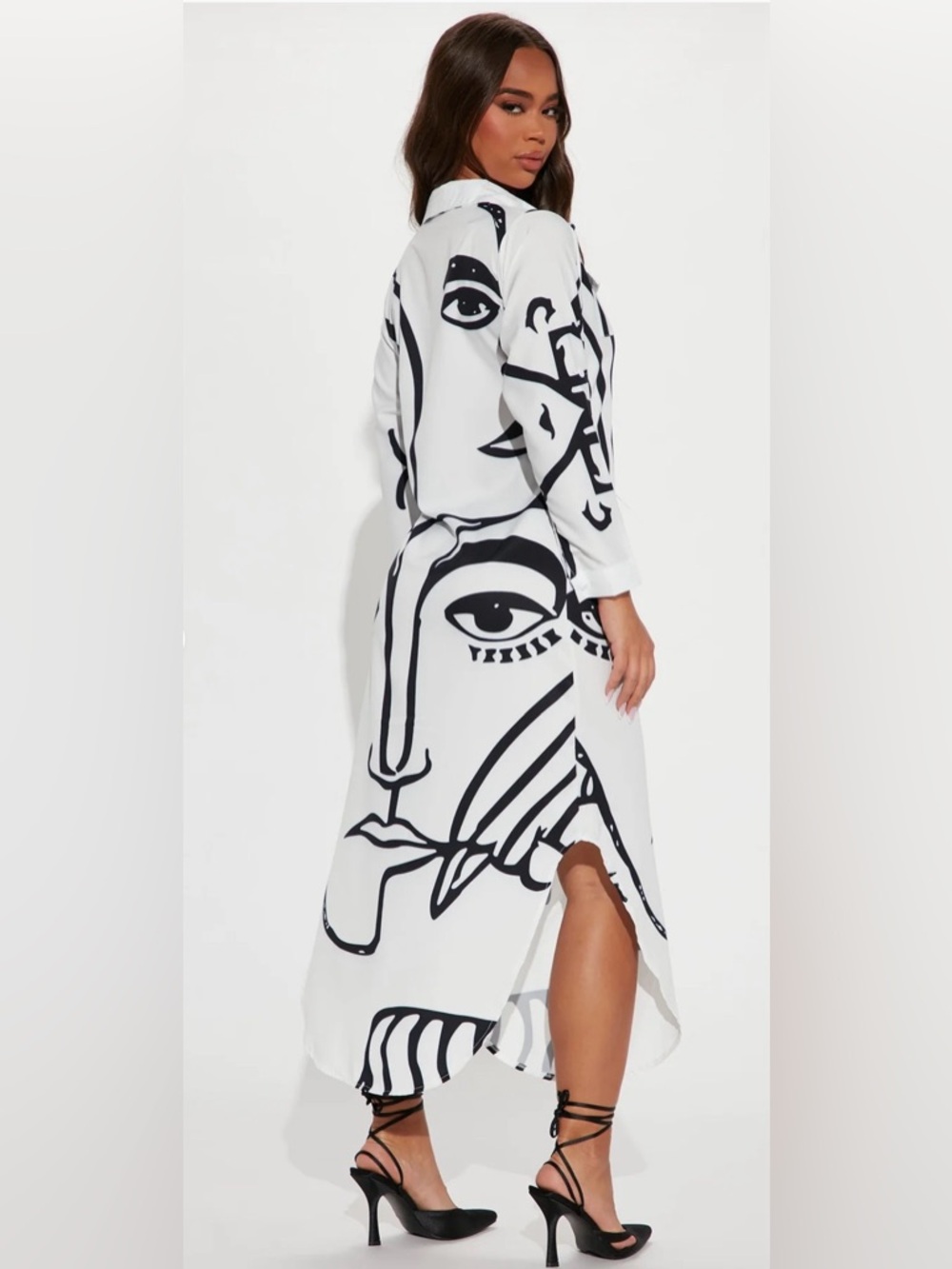 Fashion Nova White Button-Front Shirt Dress with Black Abstract Face Print - Picture 2 of 3